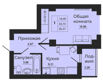 Квартира 36,4 м², 1-комнатная - изображение 1