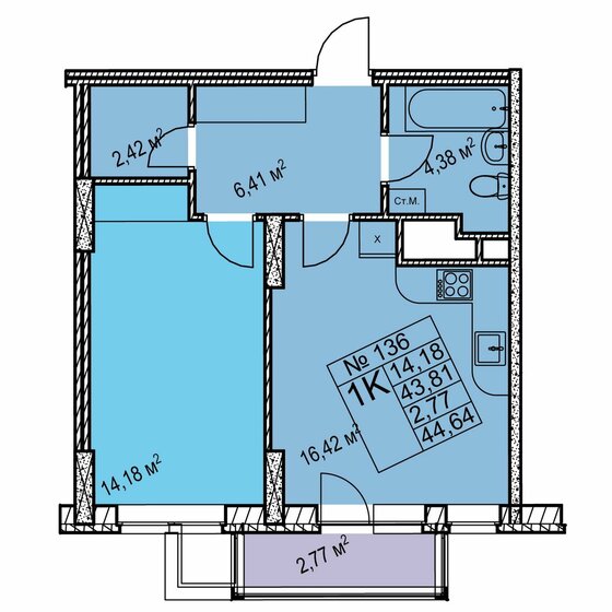 44,6 м², 1-комнатная квартира 8 080 000 ₽ - изображение 1