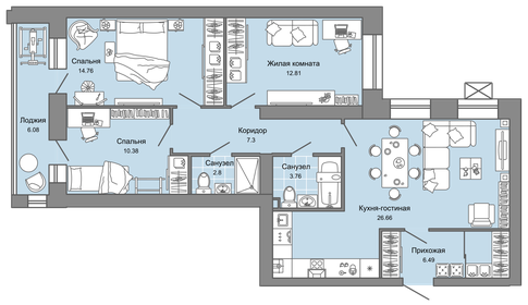 Квартира 68 м², 3-комнатная - изображение 1