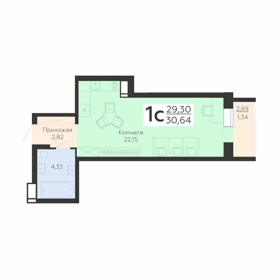 30,6 м², 1-комнатная квартира 3 217 200 ₽ - изображение 1