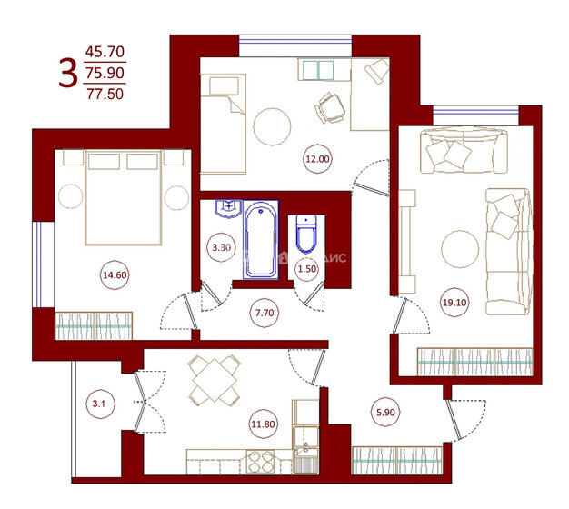 77,5 м², 3-комнатная квартира 6 956 687 ₽ - изображение 15