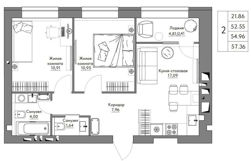 57,4 м², 2-комнатная квартира 5 776 933 ₽ - изображение 1
