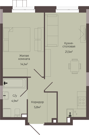 46,3 м², 1-комнатная квартира 7 176 500 ₽ - изображение 1