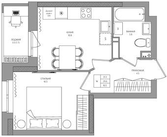 Квартира 31,3 м², 1-комнатная - изображение 1