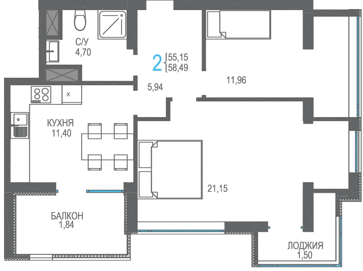 58,5 м², 2-комнатная квартира 17 547 000 ₽ - изображение 1