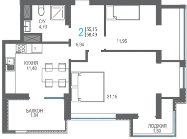 Квартира 58,5 м², 2-комнатная - изображение 1