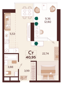 Квартира 41 м², 1-комнатная - изображение 1