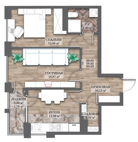 60,2 м², 2-комнатная квартира 8 733 350 ₽ - изображение 1