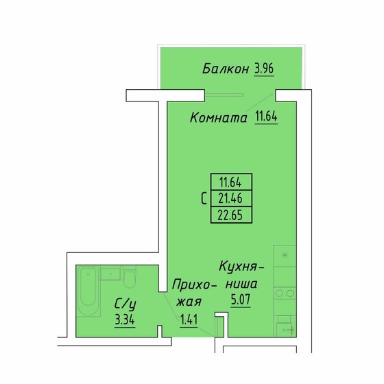 22,7 м², апартаменты-студия 3 738 000 ₽ - изображение 1