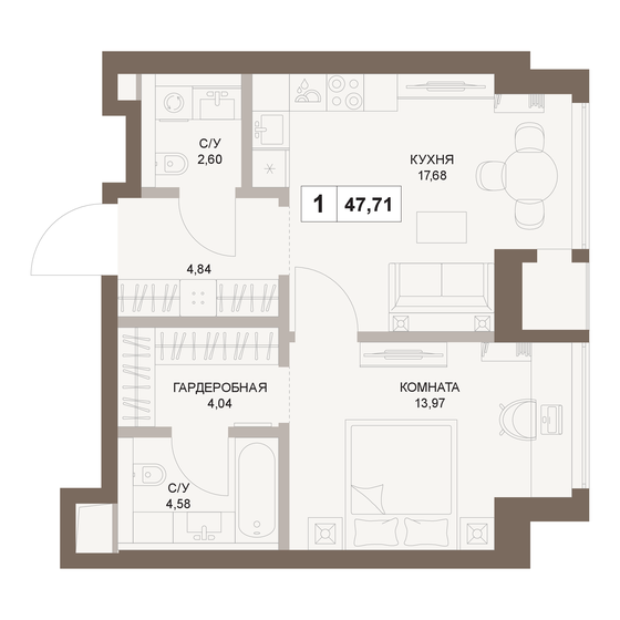 47,7 м², 1-комнатная квартира 25 233 246 ₽ - изображение 1