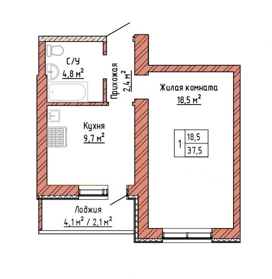 37,5 м², 1-комнатная квартира 3 412 500 ₽ - изображение 1