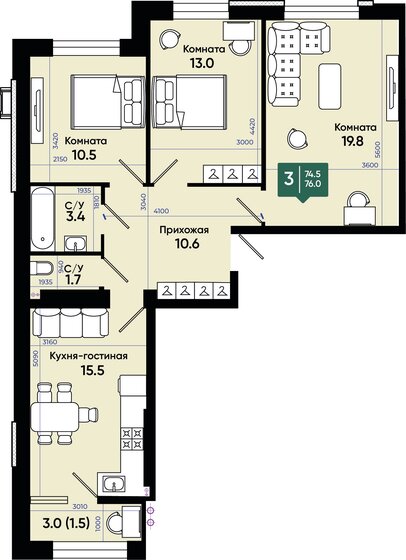 76,5 м², 3-комнатная квартира 7 956 000 ₽ - изображение 1