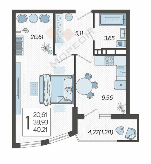 40,3 м², 1-комнатная квартира 6 200 000 ₽ - изображение 46