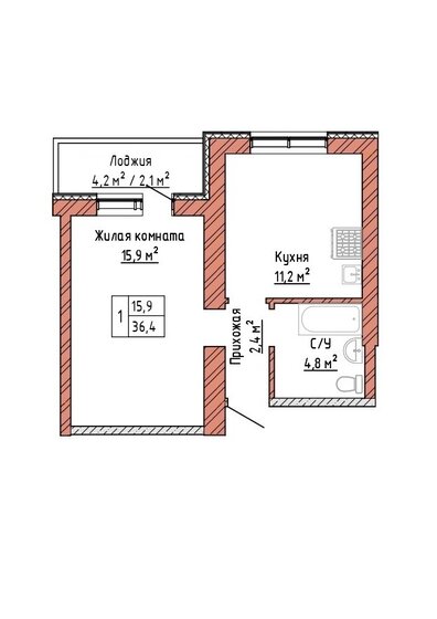 36,4 м², 1-комнатная квартира 3 312 400 ₽ - изображение 1