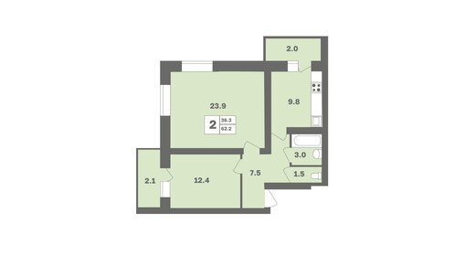 Квартира 62,2 м², 2-комнатная - изображение 1