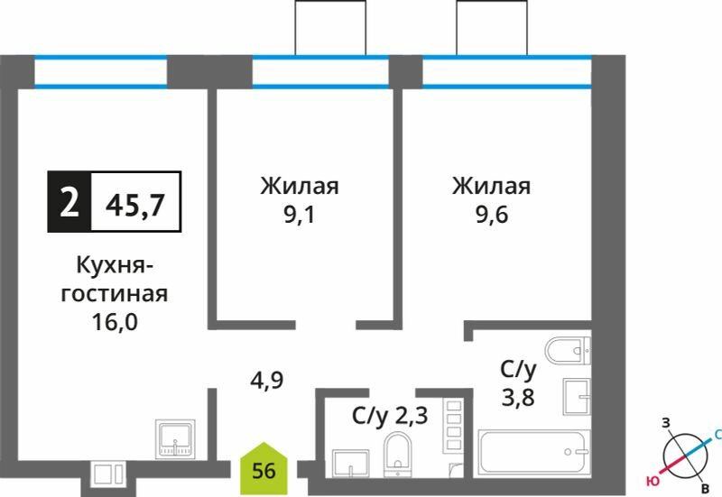 45,7 м², 2-комнатная квартира 8 591 600 ₽ - изображение 1
