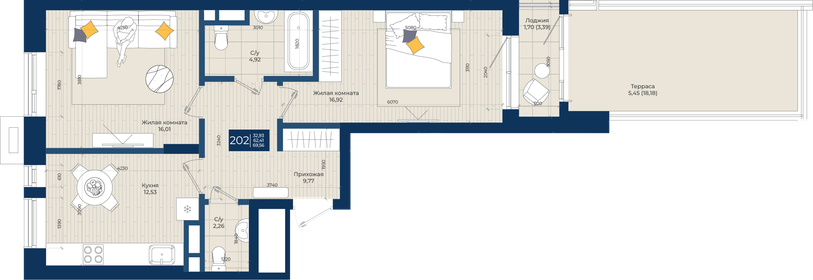 Квартира 69,6 м², 2-комнатная - изображение 1