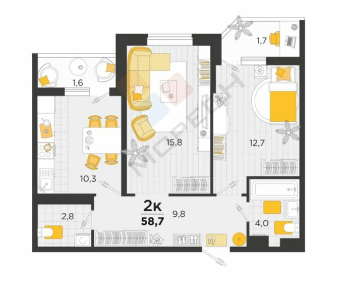 58,2 м², 2-комнатная квартира 7 100 000 ₽ - изображение 1