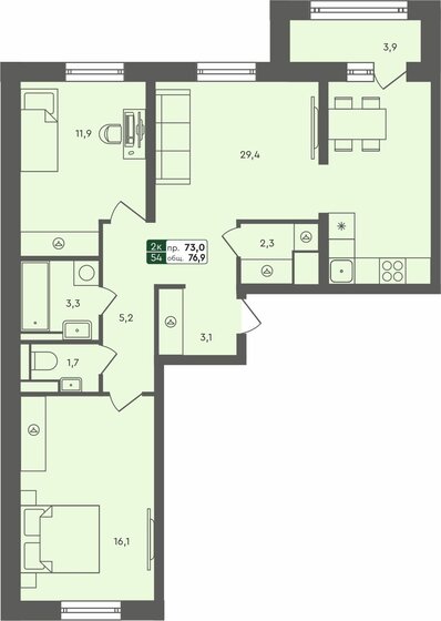 76,9 м², 2-комнатная квартира 7 410 000 ₽ - изображение 1