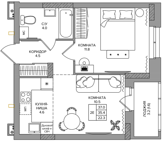 37 м², 2-комнатная квартира 4 773 000 ₽ - изображение 16