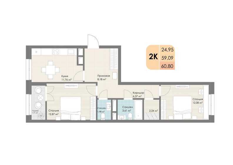 60,8 м², 2-комнатная квартира 13 315 200 ₽ - изображение 1