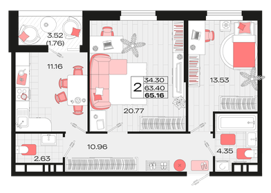 Квартира 65,2 м², 2-комнатная - изображение 1