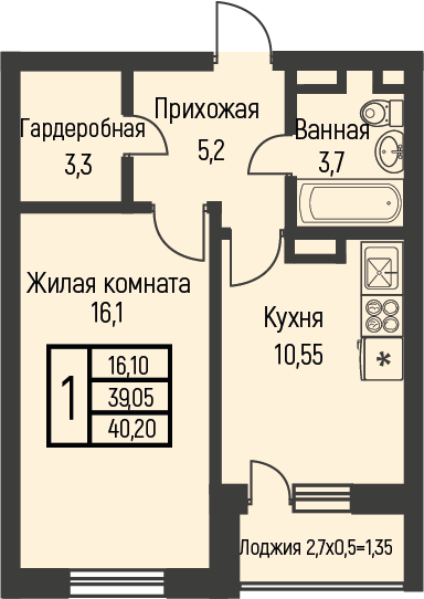 40,2 м², 1-комнатная квартира 4 783 961 ₽ - изображение 20