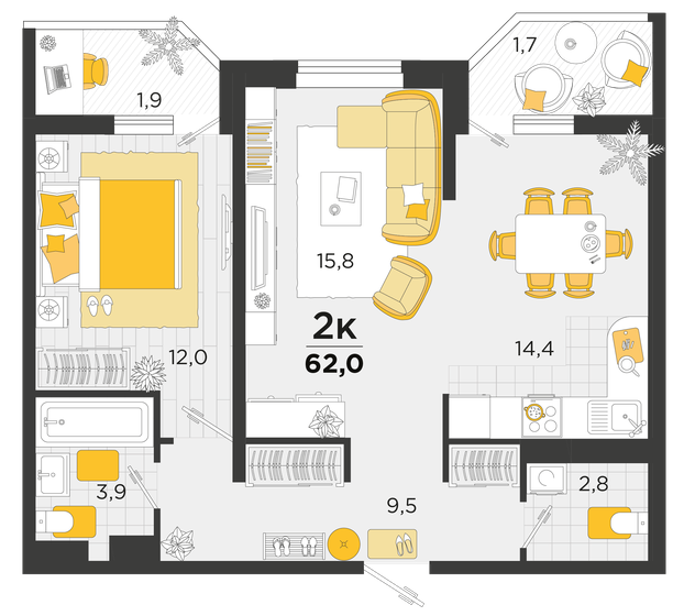 62 м², 2-комнатная квартира 8 822 600 ₽ - изображение 1