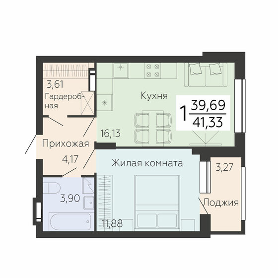 41,3 м², 1-комнатная квартира 5 579 550 ₽ - изображение 1