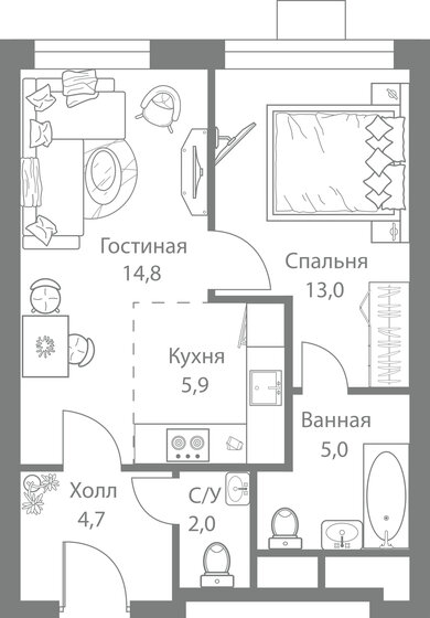 45,4 м², 2-комнатная квартира 11 293 250 ₽ - изображение 1