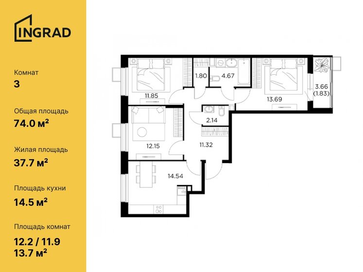 74 м², 3-комнатная квартира 14 328 744 ₽ - изображение 1