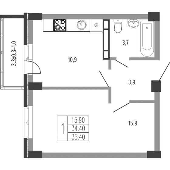 35,4 м², 1-комнатная квартира 8 131 026 ₽ - изображение 1