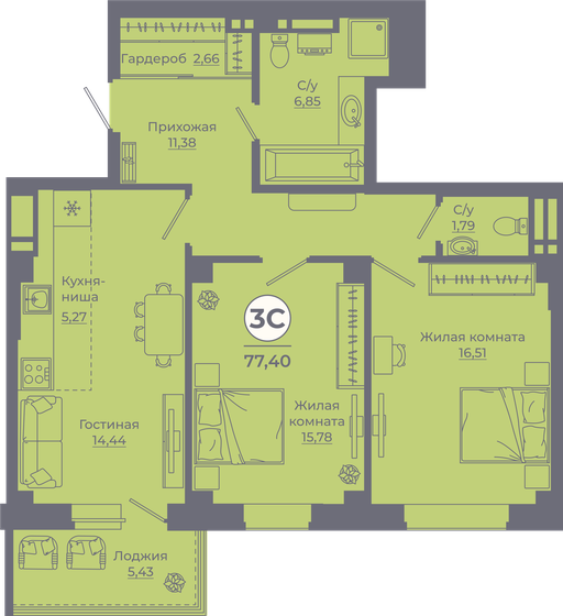 77 м², 3-комнатная квартира 8 972 830 ₽ - изображение 1