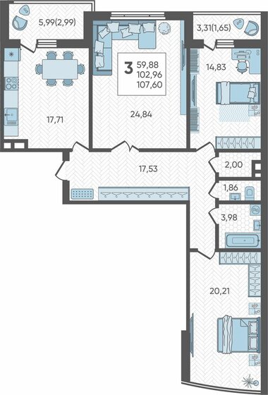 107,6 м², 3-комнатная квартира 14 095 600 ₽ - изображение 1