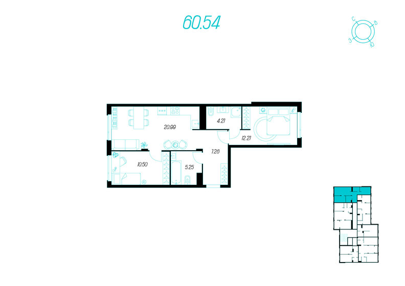 60,5 м², 2-комнатная квартира 7 315 904 ₽ - изображение 1