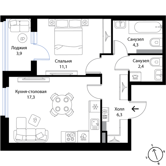 43,4 м², 1-комнатная квартира 7 334 600 ₽ - изображение 1