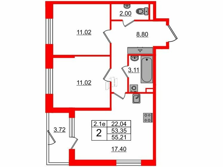 53,4 м², 2-комнатная квартира 9 900 266 ₽ - изображение 1