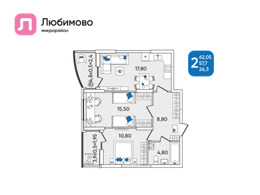 Квартира 62,1 м², 2-комнатная - изображение 1