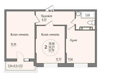 Квартира 51,8 м², 2-комнатная - изображение 1