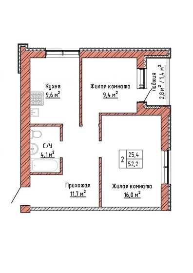 52,2 м², 2-комнатная квартира 4 437 000 ₽ - изображение 1