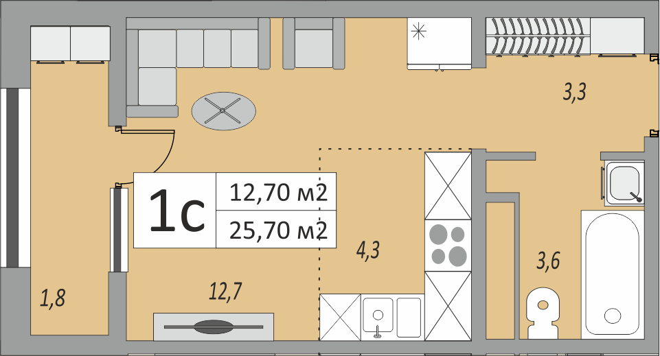 25,7 м², 1-комнатная квартира 2 081 700 ₽ - изображение 1