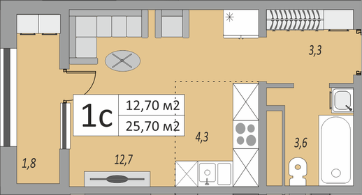 Квартира 25,7 м², 1-комнатная - изображение 1