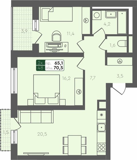 70,5 м², 2-комнатная квартира 8 331 960 ₽ - изображение 1