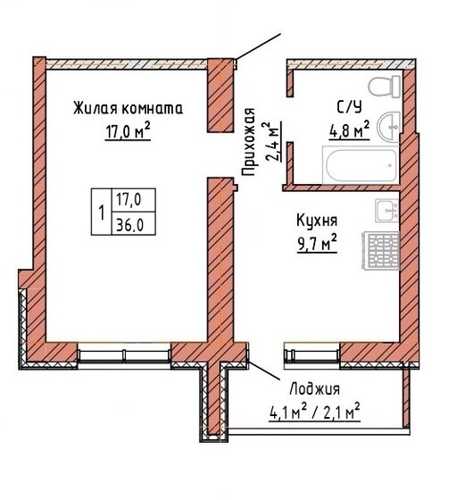 36 м², 1-комнатная квартира 3 276 000 ₽ - изображение 1