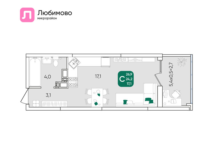 26,9 м², квартира-студия 5 514 500 ₽ - изображение 16