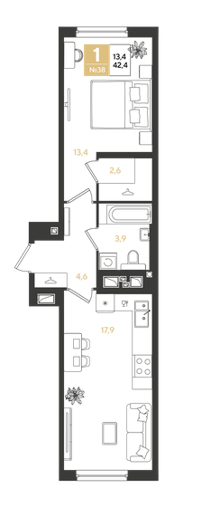 42,4 м², 1-комнатная квартира 7 377 600 ₽ - изображение 1
