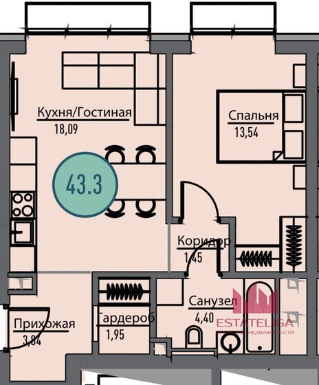 43,5 м², 1-комнатная квартира 16 200 000 ₽ - изображение 1