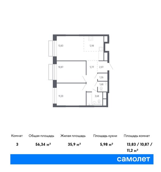 56,3 м², 2-комнатная квартира 10 323 491 ₽ - изображение 1