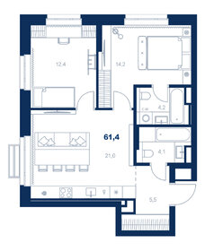 Квартира 61,4 м², 2-комнатная - изображение 1