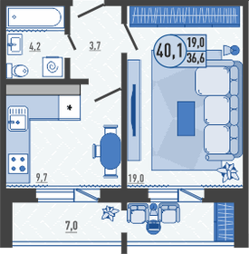 Квартира 40,1 м², 1-комнатная - изображение 1